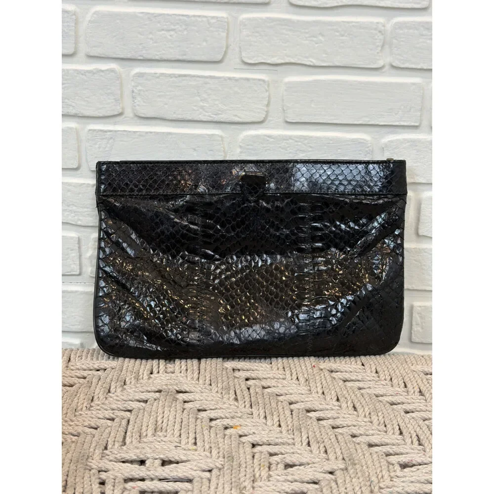 Vintage 1950s Snakeskin Envelope Clutch Black Leather Trim